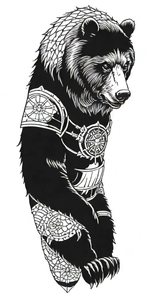 Grizzly Bear Encased In Armor Incorporating A Compass