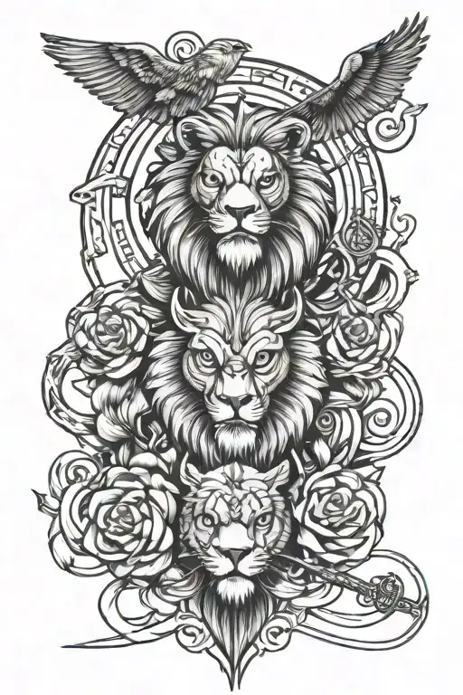 Stoic Virtues Discipline Justice Wisdom Courage Chest Tattoo Lion Owl Sword Lotus