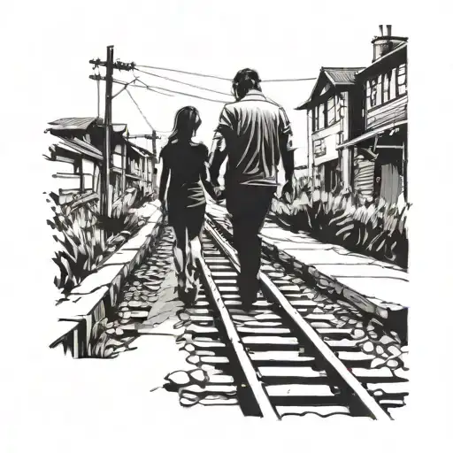 Father And Daughter Walking In Railway Track Winding