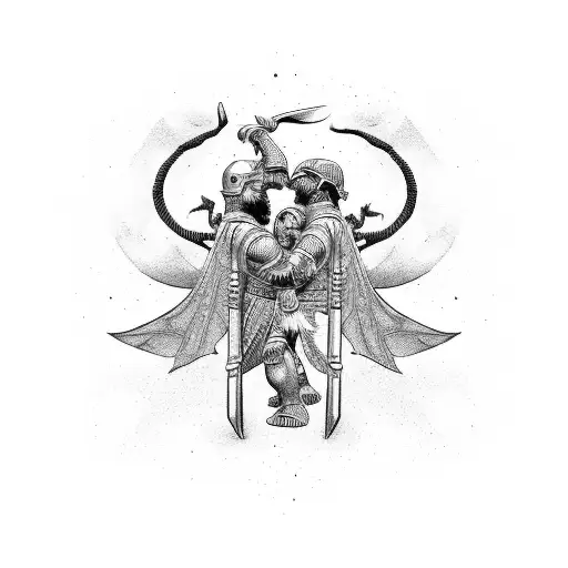 Two Gladiators Fighting Against A Flying Dragon Tattoo Black And White 4K Detailed