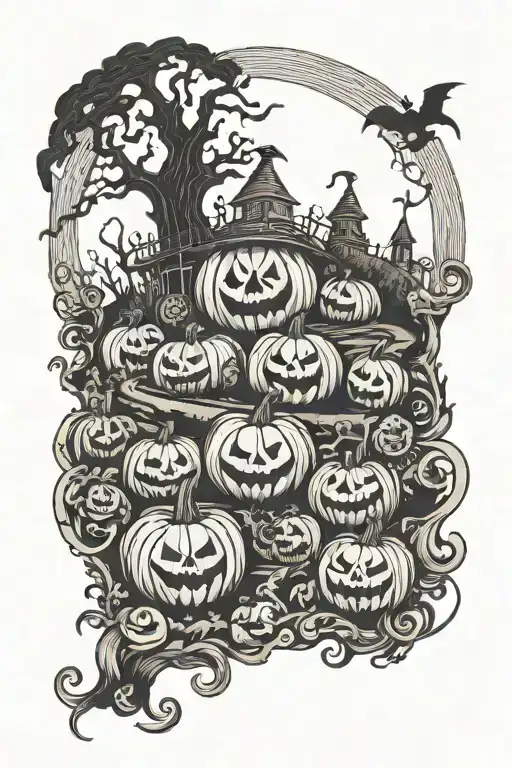 A Spooky Tim Burton Inspired Tattoo Design Featuring A Haunted Pumpkin Patch With Eerie Creatures