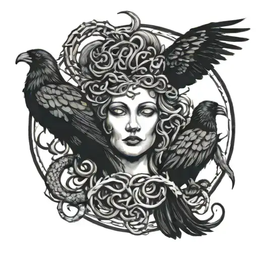 Medusa And Ravens Huginn And Muninn