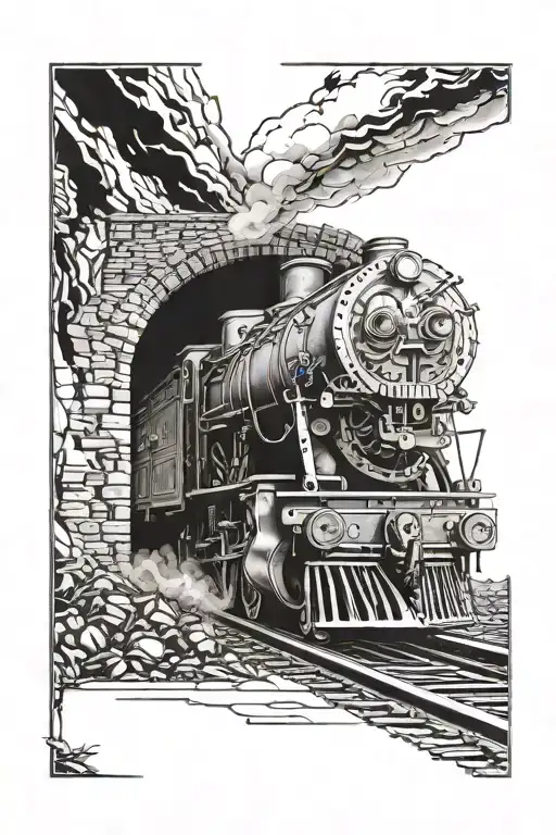 Train Tunnel Opening With Vintage Steam Train With Skull Emblazoned On Front Emerging From It