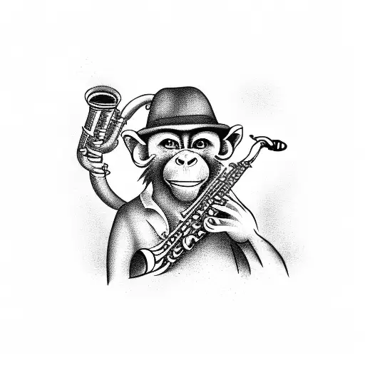 A Smoking Monkey Playing A Saxophone Under A Palm Tree On A Beach