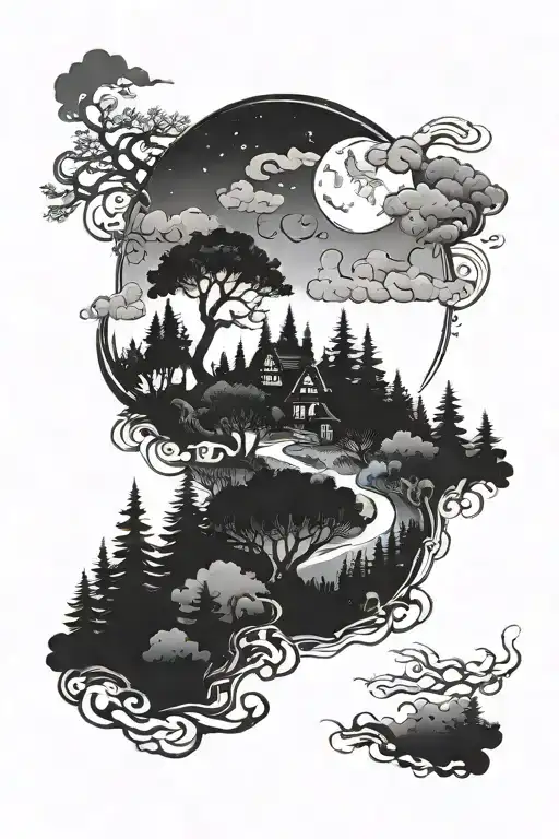 Foggy Forest With Moon And Clouds That Spiral At The Top