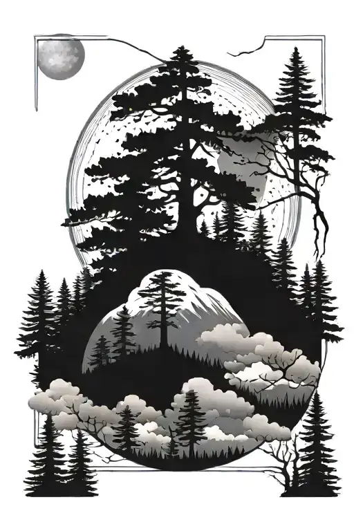 Foggy Pine Forest With Moon And Clouds That Spiral At The Top