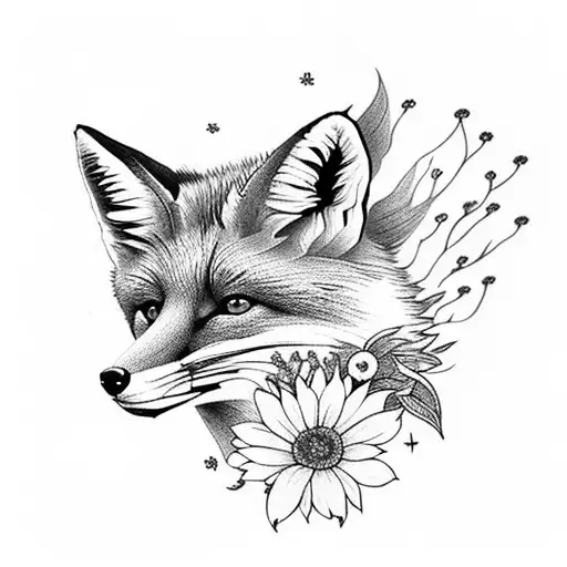 Full Body Fox With Wildflowers And Mushrooms Growing Out Of The Fox