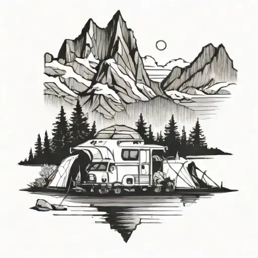 Three Tents With A Campervan Near Mountain And A Lake