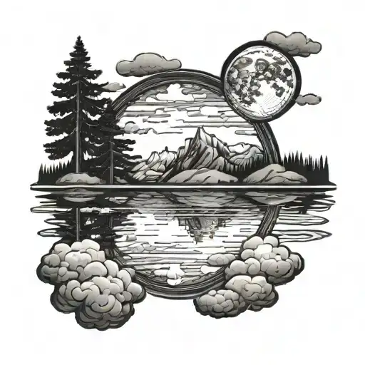 A Blackwork Tattoo Of A Serene Lake Reflecting The Moon And Clouds Above