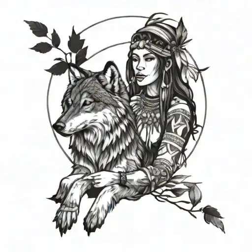 A Native American Women With A Wolf Above Her