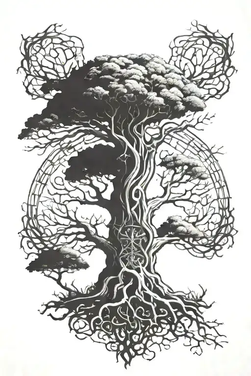 Cryptic Shield Growing Out Of A Twisted Lovcraftian Tree Of Life