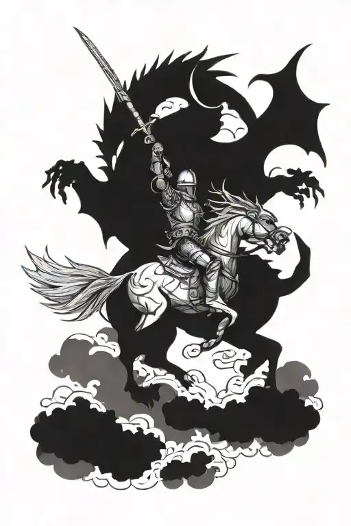 Knight On Horseback Fighting Dragon In Sky