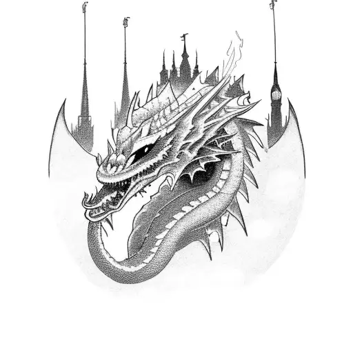 A Majestic Dragon Breathing Fire Against A Backdrop Of A London Skyline At Night