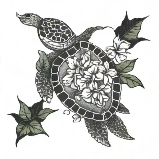 A Mother Sea Turtle Swimming With Her Baby Turtles Among Bougainvillea Flowers