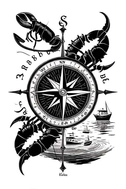 Nautical Compass Design Featuring Lobster Fishing Boats