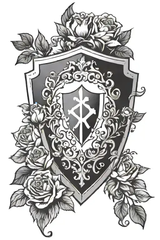 A Shield With A Dark Angle And Flowers Surrounding It