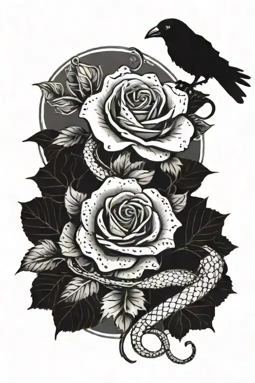 Black And White Snake Wrapped Around A Red Rose With A Raven Above It