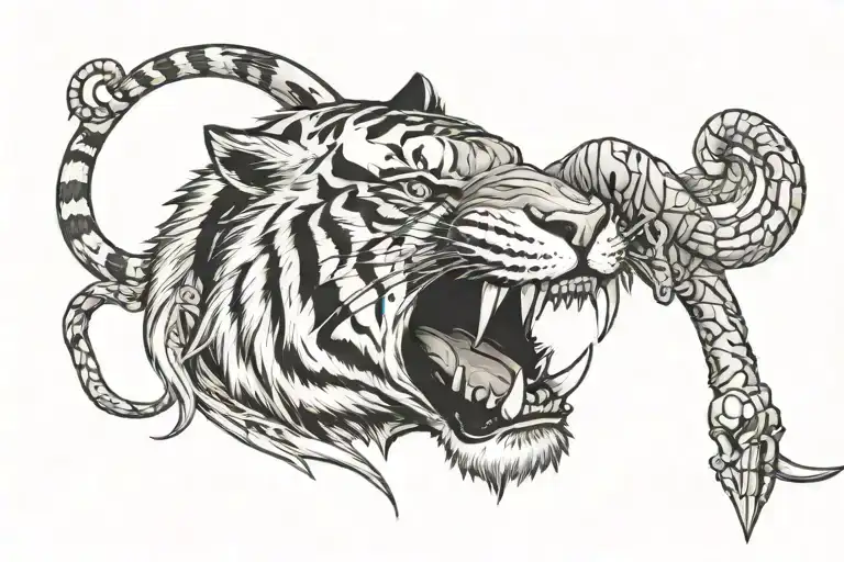 Tiger With Mouth Open And Spear Piercing Through Skull With Last Name In Mouth
