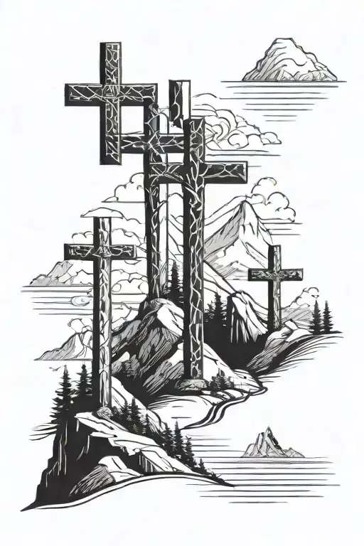 3 Crosses In A Line With A Mountain