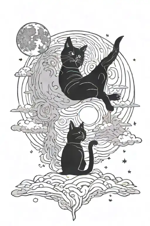 Cat And Man Looking Up At The Full Moon