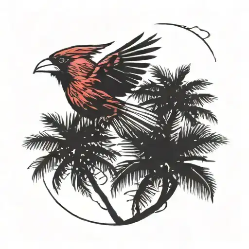 Cardinal Flying Over Palm Trees