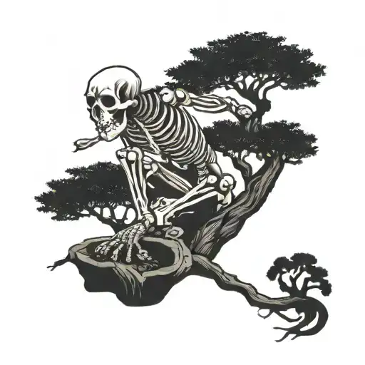 A Skeleton In A Squat Cutting A Bonsai Tree Silhouette