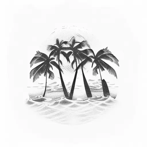 A Serene Beach Sunset With Palm Trees And Waves