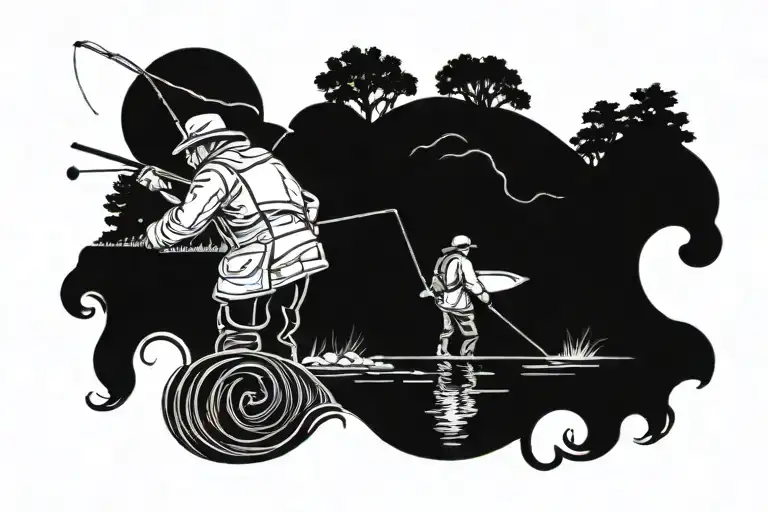 A Detailed Blackwork Tattoo Of A Fisherman In A Hunting Hat Casting A Line Into A Serene Creek
