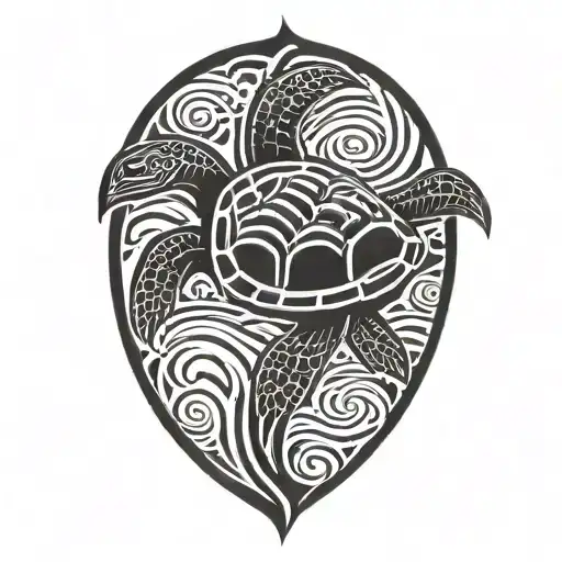 Maori Tribal Turtle Surrounded By Water Waves
