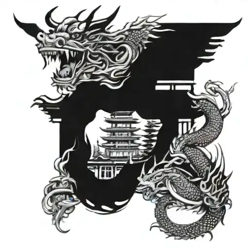Japanese Temple And Dragon Intertwined