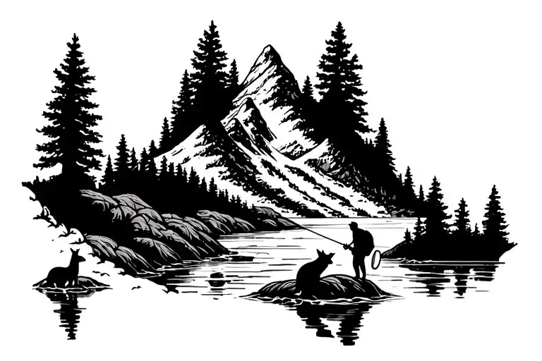 Mountain Landscape Tattoo Featuring Animals And Fisherman In Stream