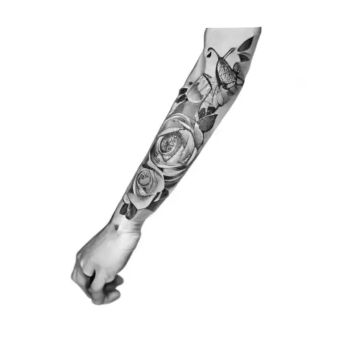 A Tattoo Of A Dove And Roses With Hand Tattoo Also