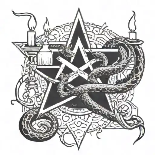A Snake Entangles In A Pentagram With Candles On The Sides