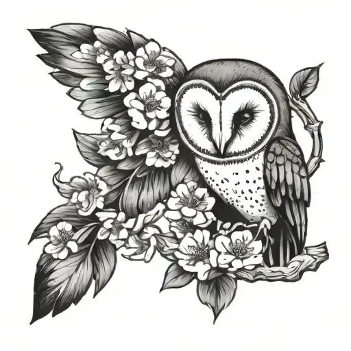 Menacing Barn Owl Perched On A Cherry Blossum Branch