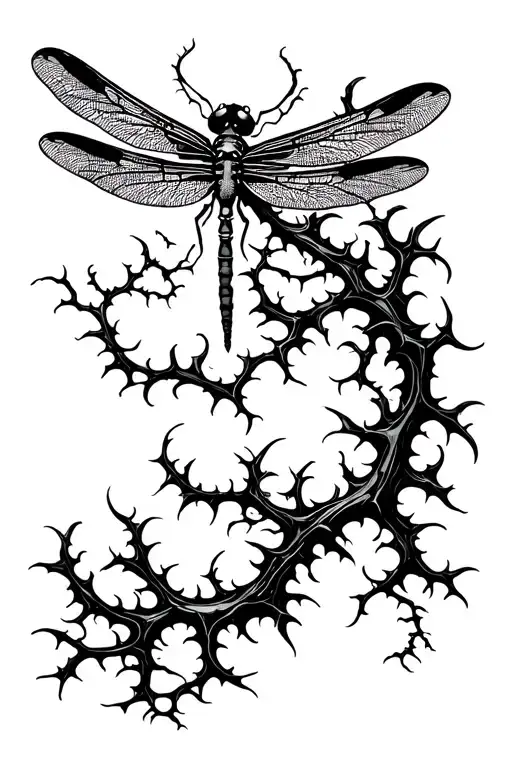 Dragonfly And Thorny Vines Climbing Spine Tatto