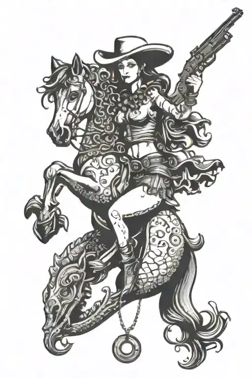 Cowgirl Mermaid Riding A Sea Horse Shooting A Revolver