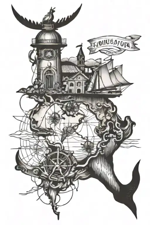 Calf Tattoo With Campus Anchor Map And Ocean Scene