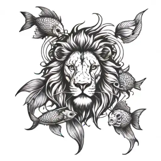 Lion Head With 3 Fishes Swimming Together