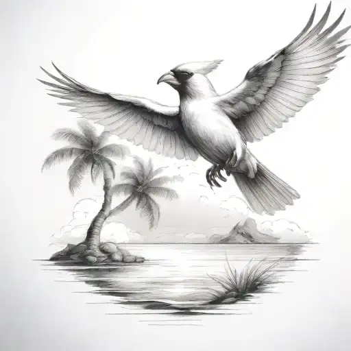 Flying Cardinal To The Ocean And Palm Tree With Clouds
