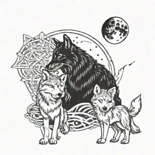 A Wolf With His Cub And The Moon Is In The Sky