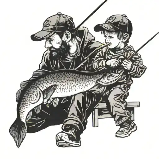 Man In Black Cap With His Son Fishing