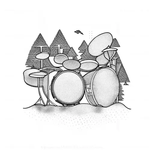 Drum Set Surrounded By A Lush Forest Scene