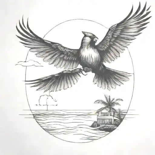 Flying Cardinal To The Ocean And Palm Tree