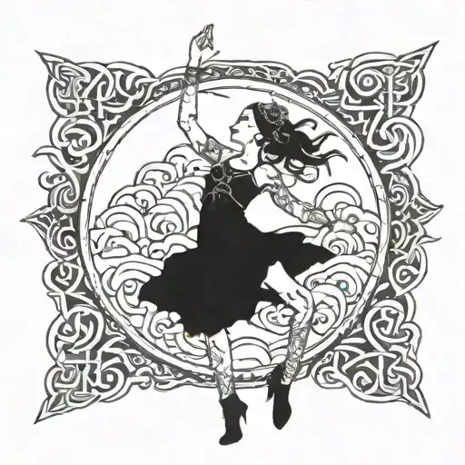 A Dancer In A Blackwork Style Surrounded By Celtic Symbols And Thunderclouds