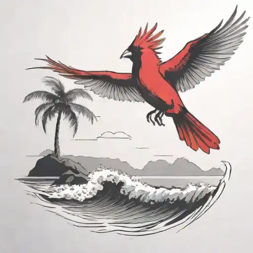Flying Cardinal To The Ocean And Palm Tree With Clouds