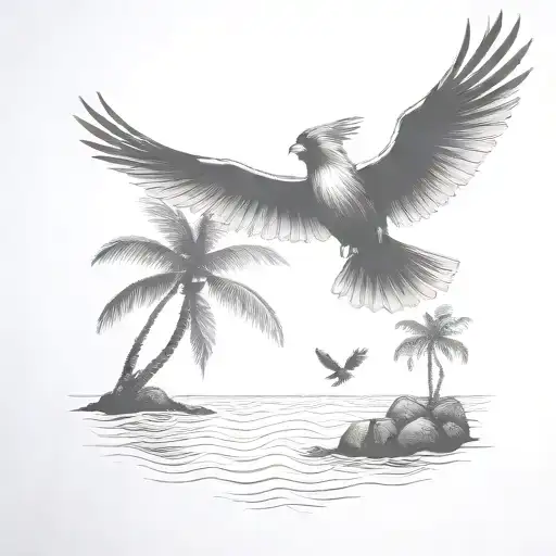 Flying Cardinal To The Ocean And Palm Tree