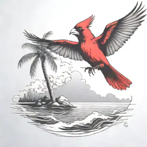 Flying Cardinal To The Ocean And Palm Tree With Clouds