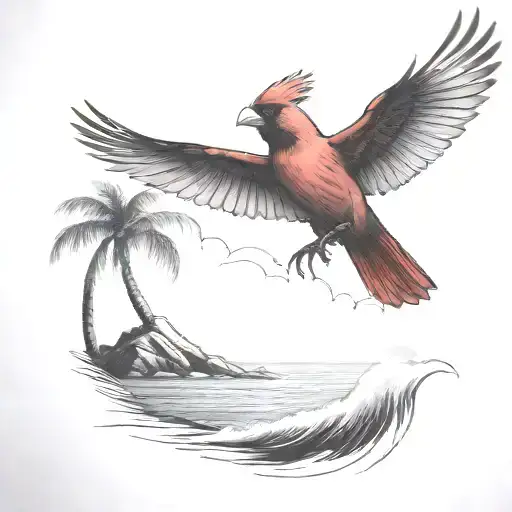 Flying Cardinal To The Ocean And Palm Tree With Clouds