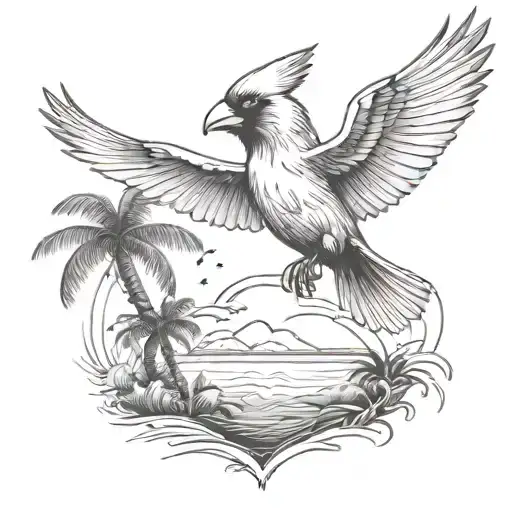 Flying Cardinal To The Ocean And Palm Tree With Storm