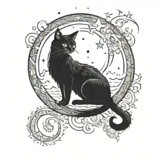 A Celestial Scene With A Black Cat Silhouette Sitting On A Crescent Moon